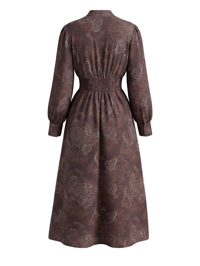 Brown 1970s Boho Paisley Stand V-Neck Smocked Dress - vintage dress, retro fashion