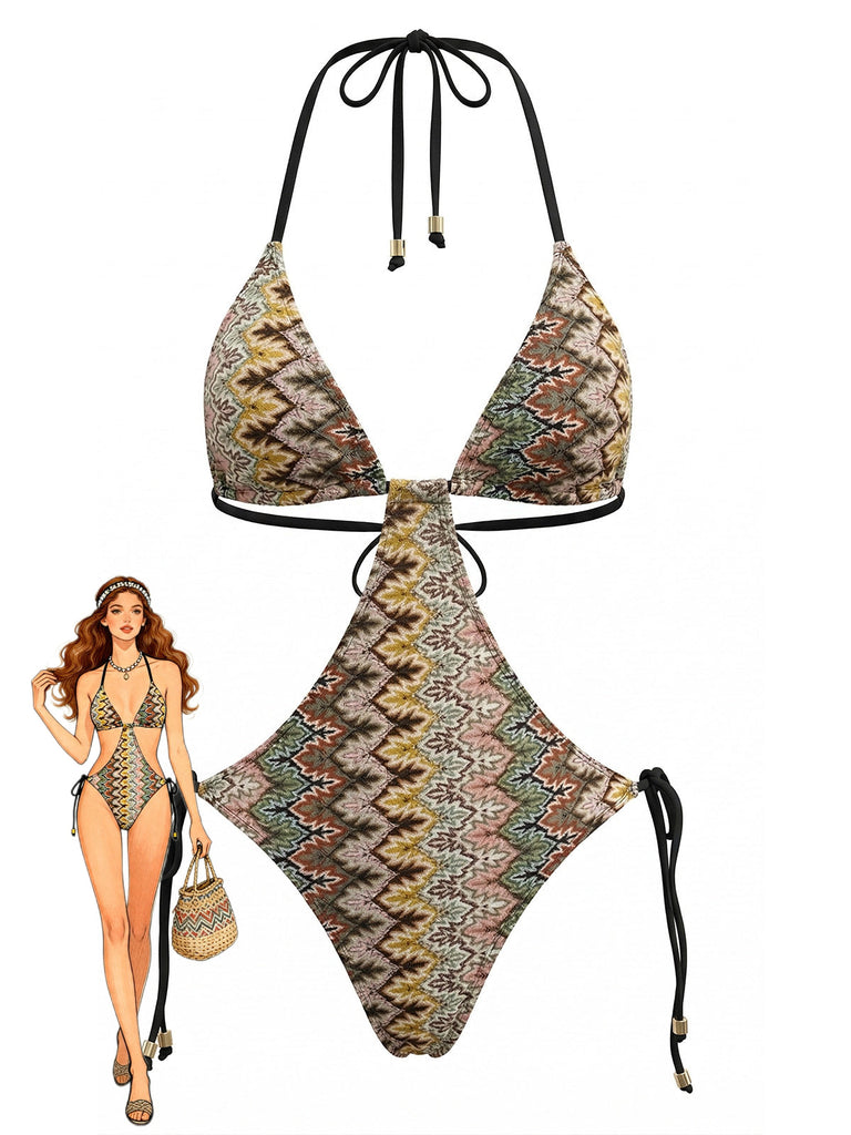 Brown 1970s One Piece Swimsuit