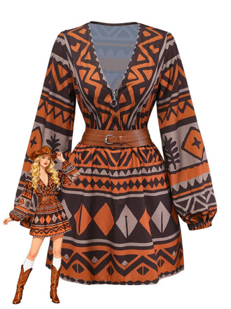 Brown 1970s Deep V-Neck Tirbal Print Boho Dress - vintage dress, retro fashion