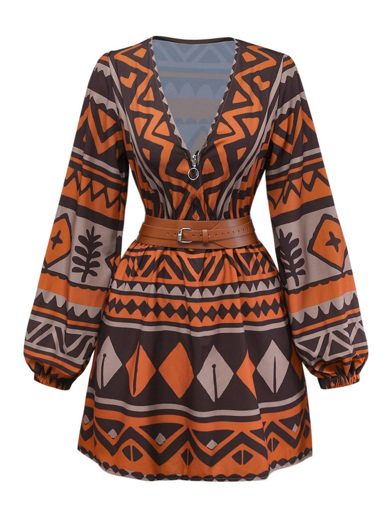 Brown 1970s Deep V-Neck Tirbal Print Boho Dress - vintage dress, retro fashion