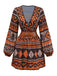Brown 1970s Deep V-Neck Tirbal Print Boho Dress - vintage dress, retro fashion