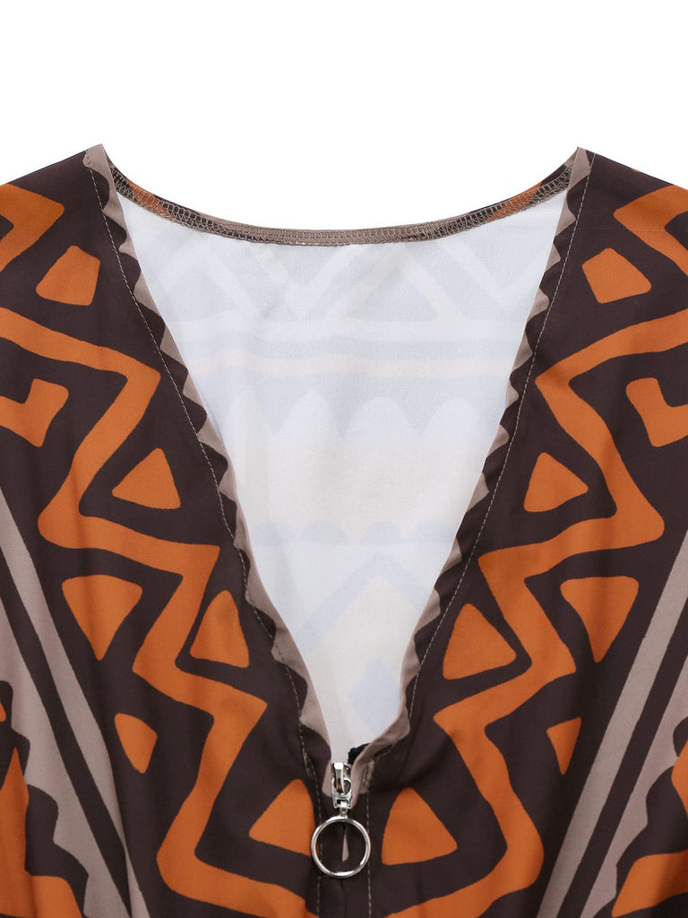 Brown 1970s Deep V-Neck Tirbal Print Boho Dress - vintage dress, retro fashion