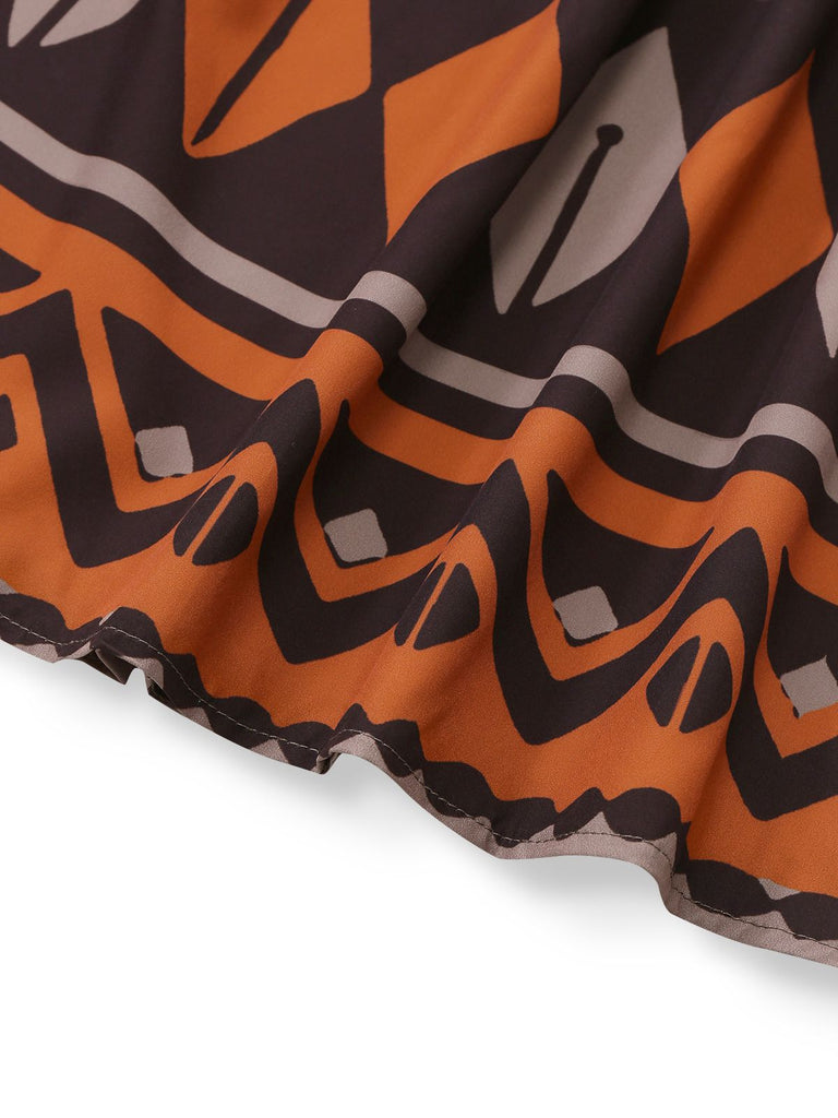 Brown 1970s Deep V-Neck Tirbal Print Boho Dress - vintage dress, retro fashion