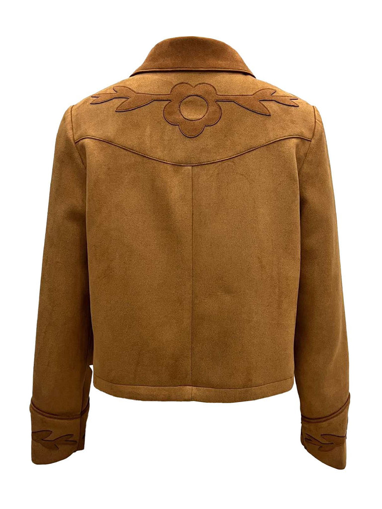 Brown 1970s Floral Suede Button Jacket - vintage fashion, retro style