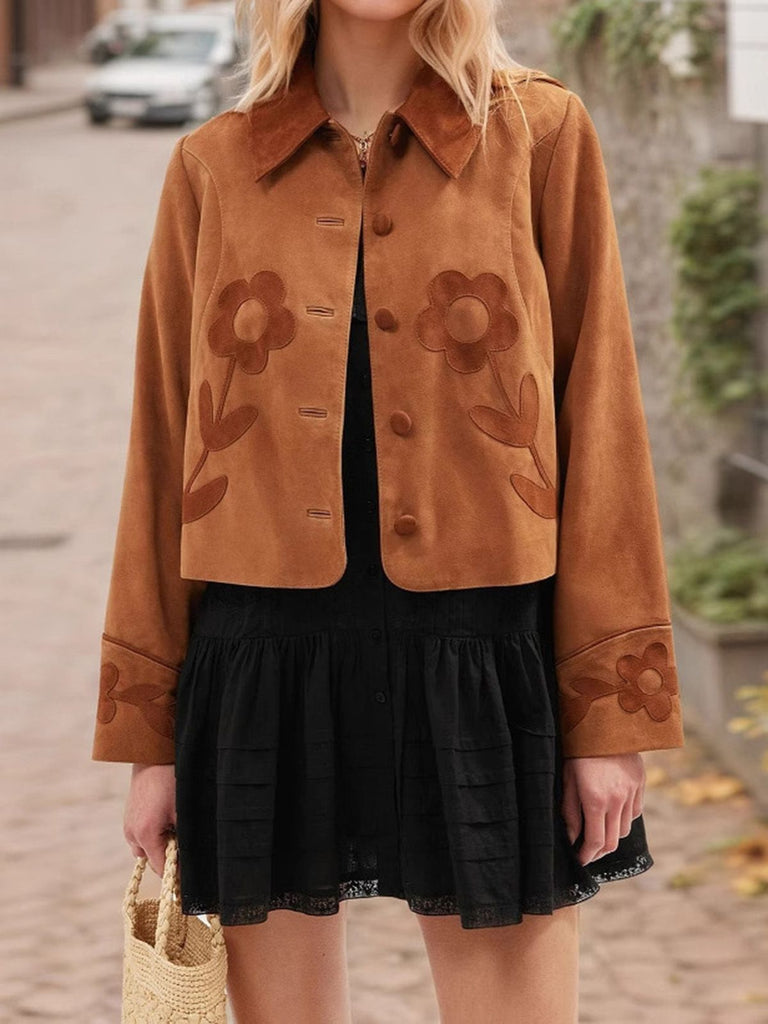 Brown 1970s Floral Suede Button Jacket - vintage fashion, retro style