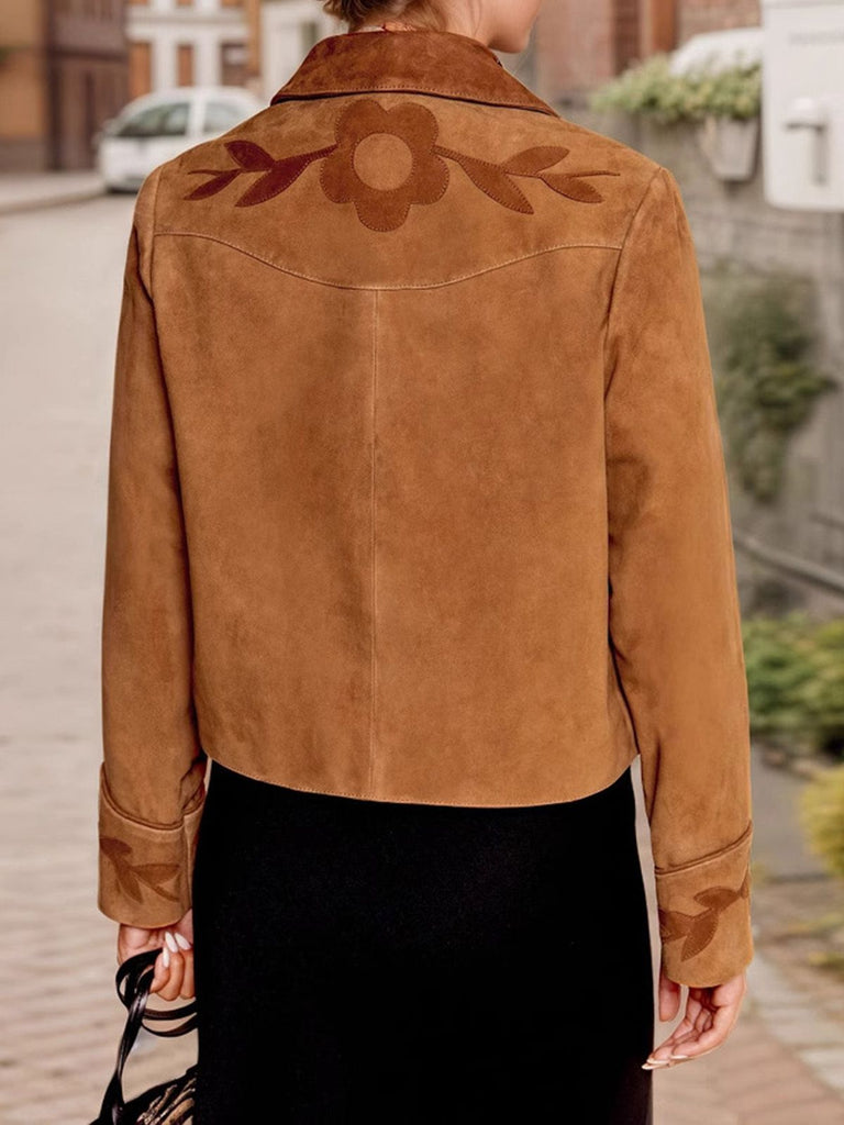 Brown 1970s Floral Suede Button Jacket - vintage fashion, retro style