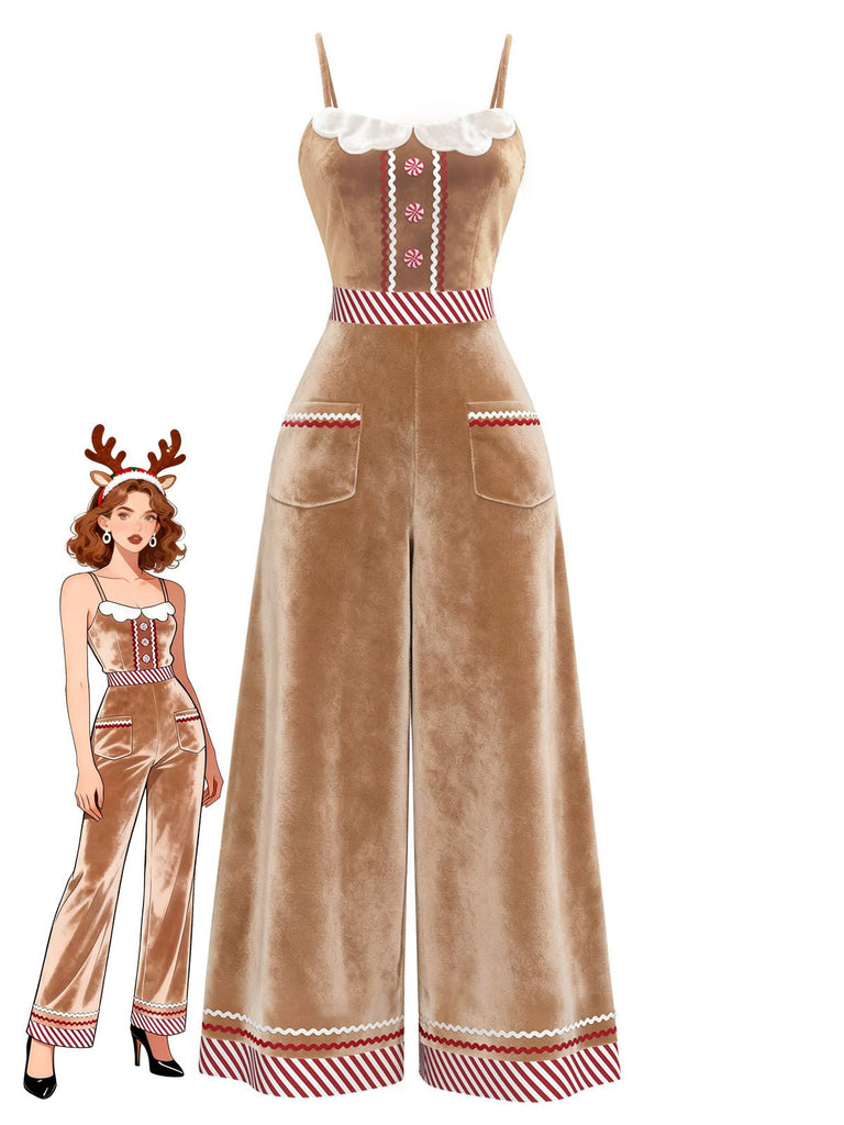 Brown 1970s Gingerbread Velvet Strap Jumpsuit - vintage jumpsuit, retro fashion