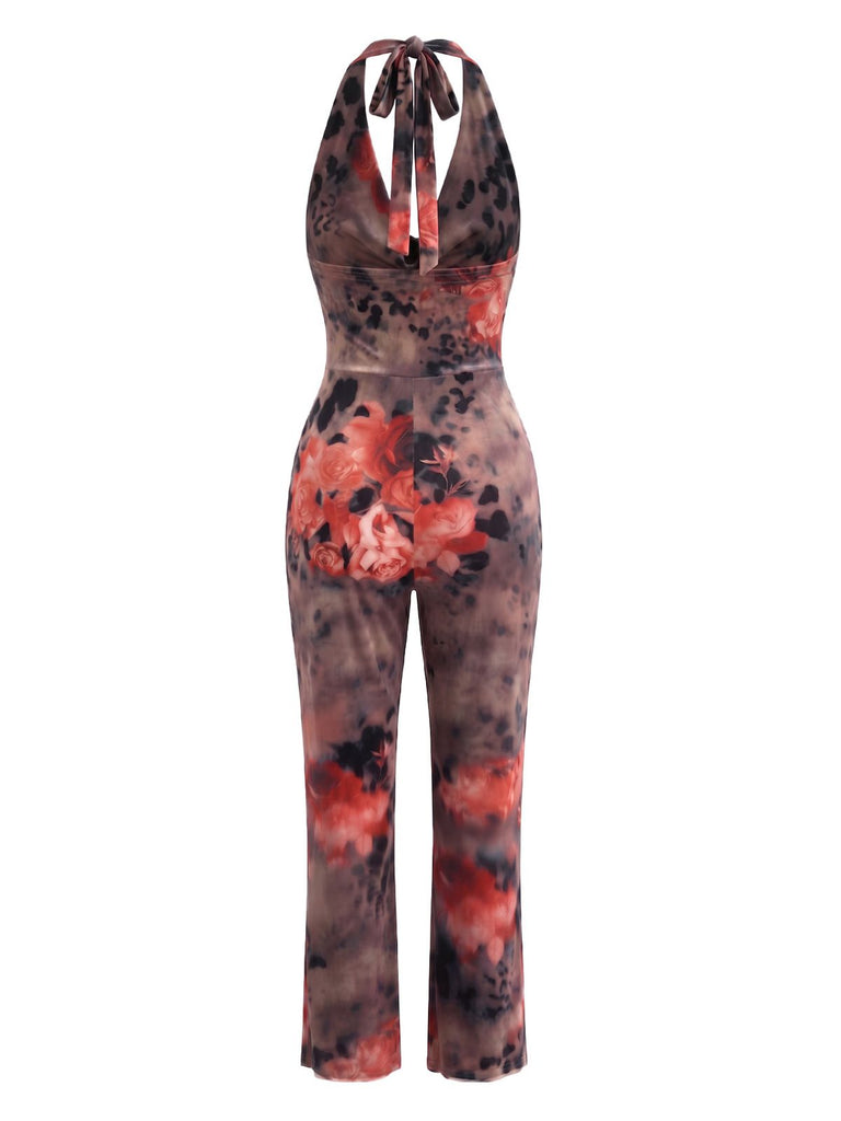 Brown 1970s Halter Cowl Neck Floral Jumpsuit, vintage romper, retro jumpsuit - perfect for women who love vintage and retro fashion