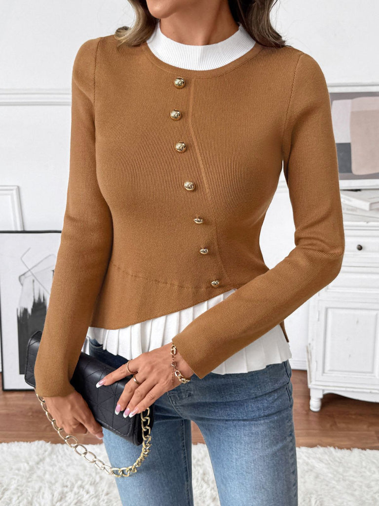 Brown 1970s Irregular Button Patchwork Knit Top - vintage fashion, retro style
