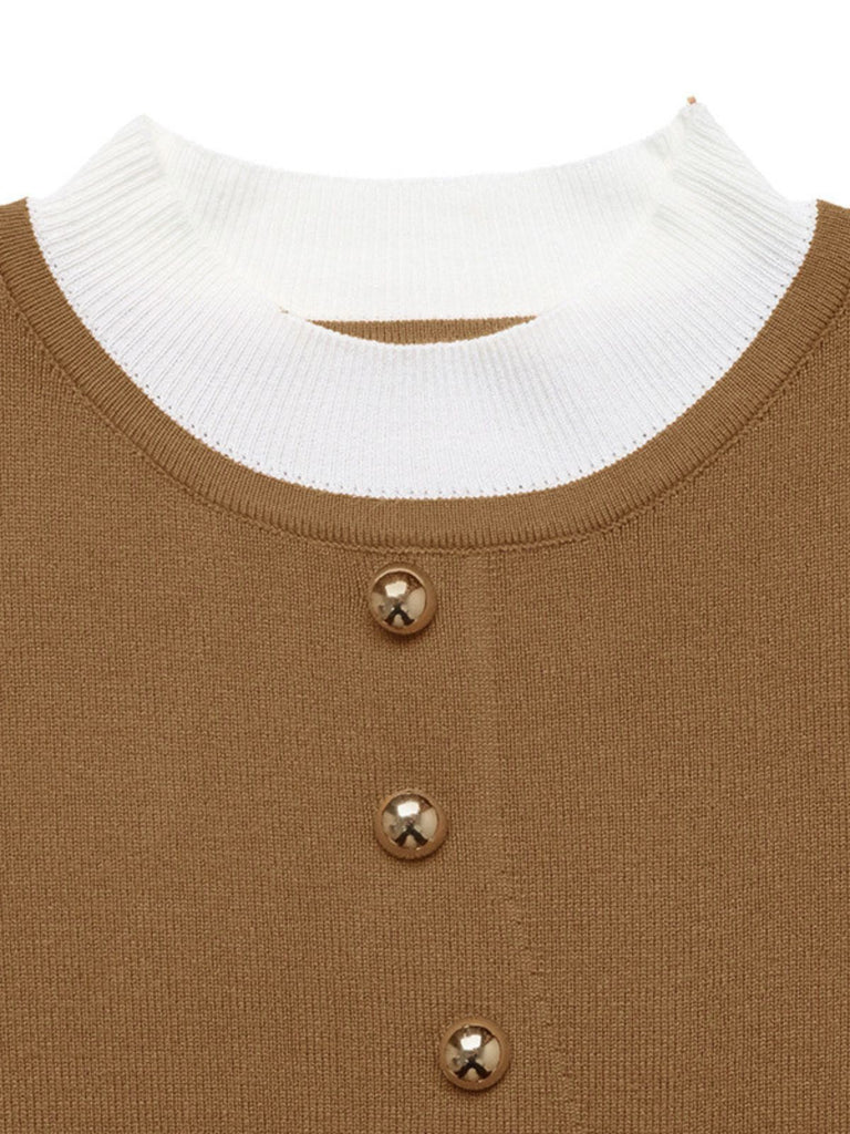 Brown 1970s Irregular Button Patchwork Knit Top - vintage fashion, retro style