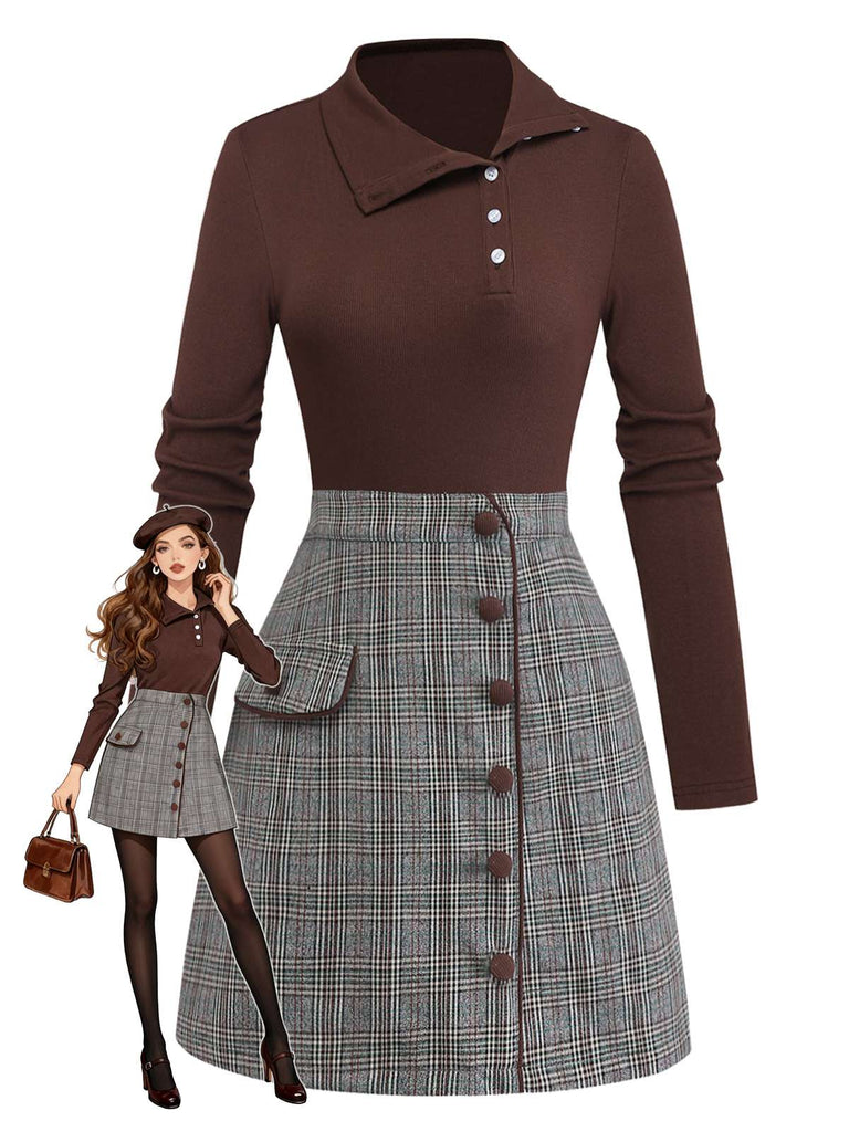 Brown 1970s Knitted Plaid Asymmetrical Neck Dress - vintage dress, retro fashion