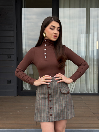 Brown 1970s Knitted Plaid Asymmetrical Neck Dress - vintage dress, retro fashion