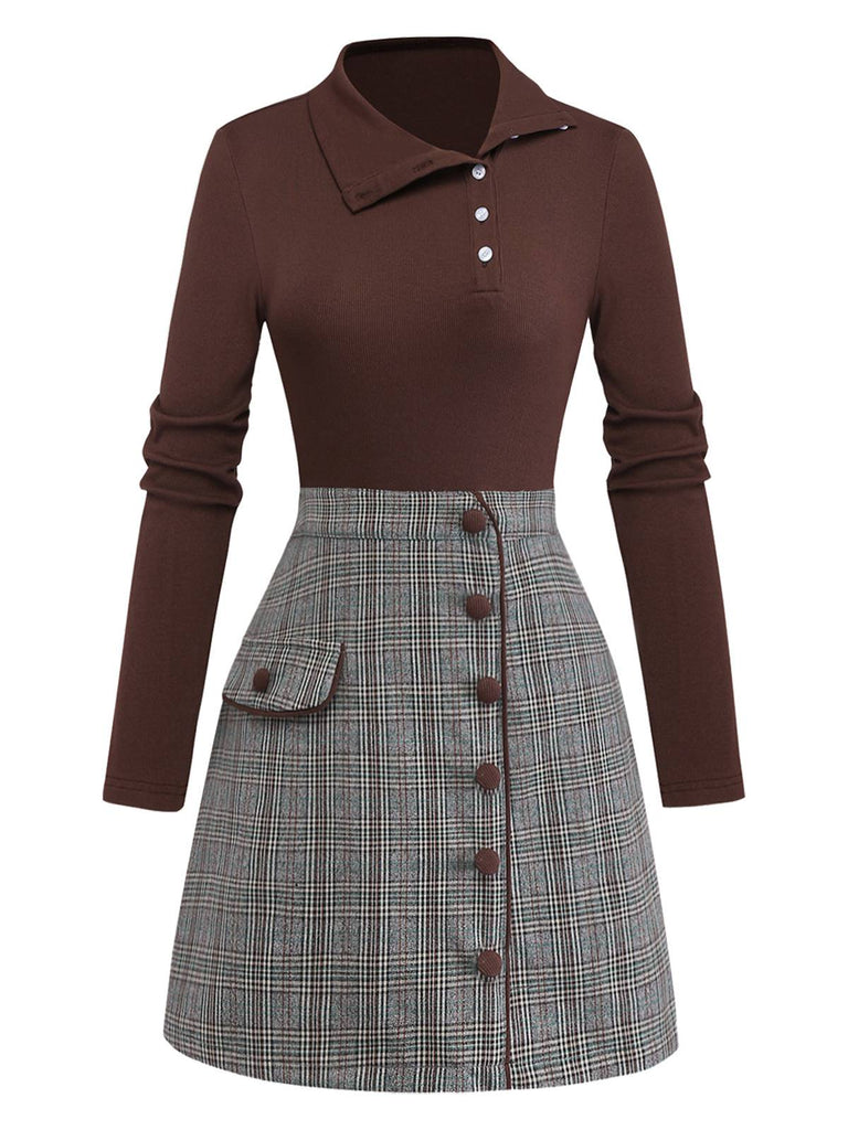 Brown 1970s Knitted Plaid Asymmetrical Neck Dress - vintage dress, retro fashion