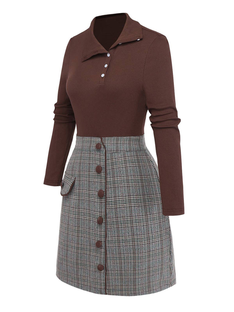 Brown 1970s Knitted Plaid Asymmetrical Neck Dress - vintage dress, retro fashion