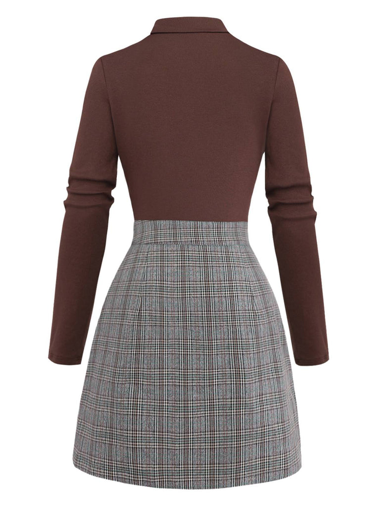 Brown 1970s Knitted Plaid Asymmetrical Neck Dress - vintage dress, retro fashion