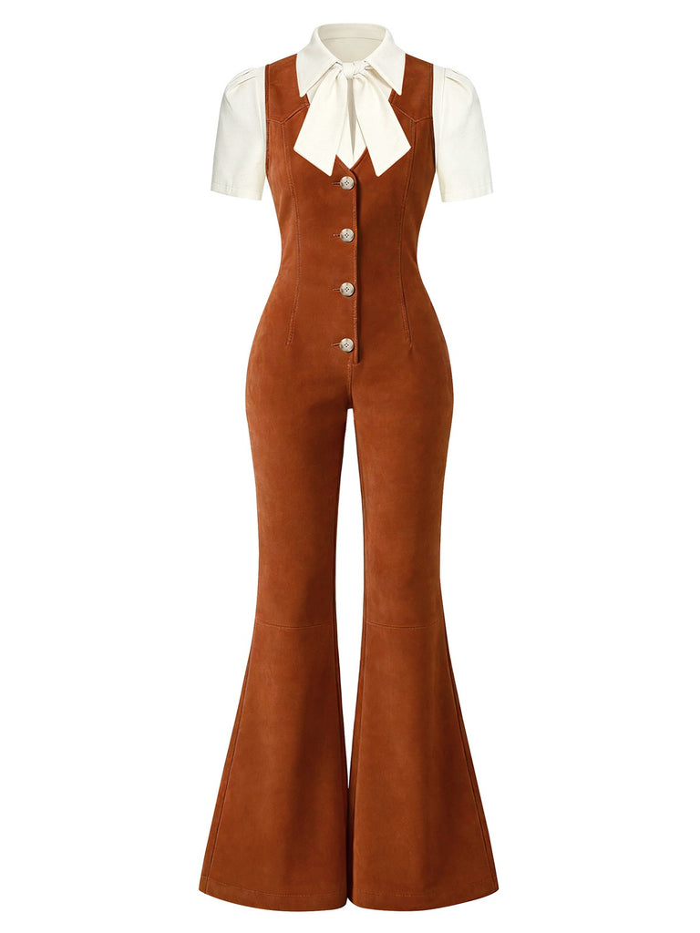 Brown bell-bottom jumpsuit with a white shirt on a white background