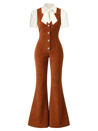 Brown bell-bottom jumpsuit with a white shirt on a white background