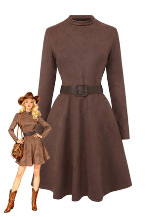 Brown 1970s Long Sleeve Round Neck Dress With Belt - vintage dress, retro fashion