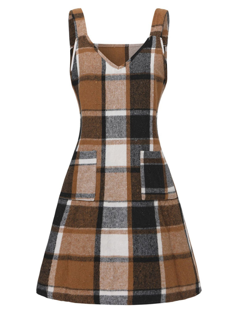 Brown 1970s Plaid V-Neck Pocket Overall Dress - vintage dress, retro fashion