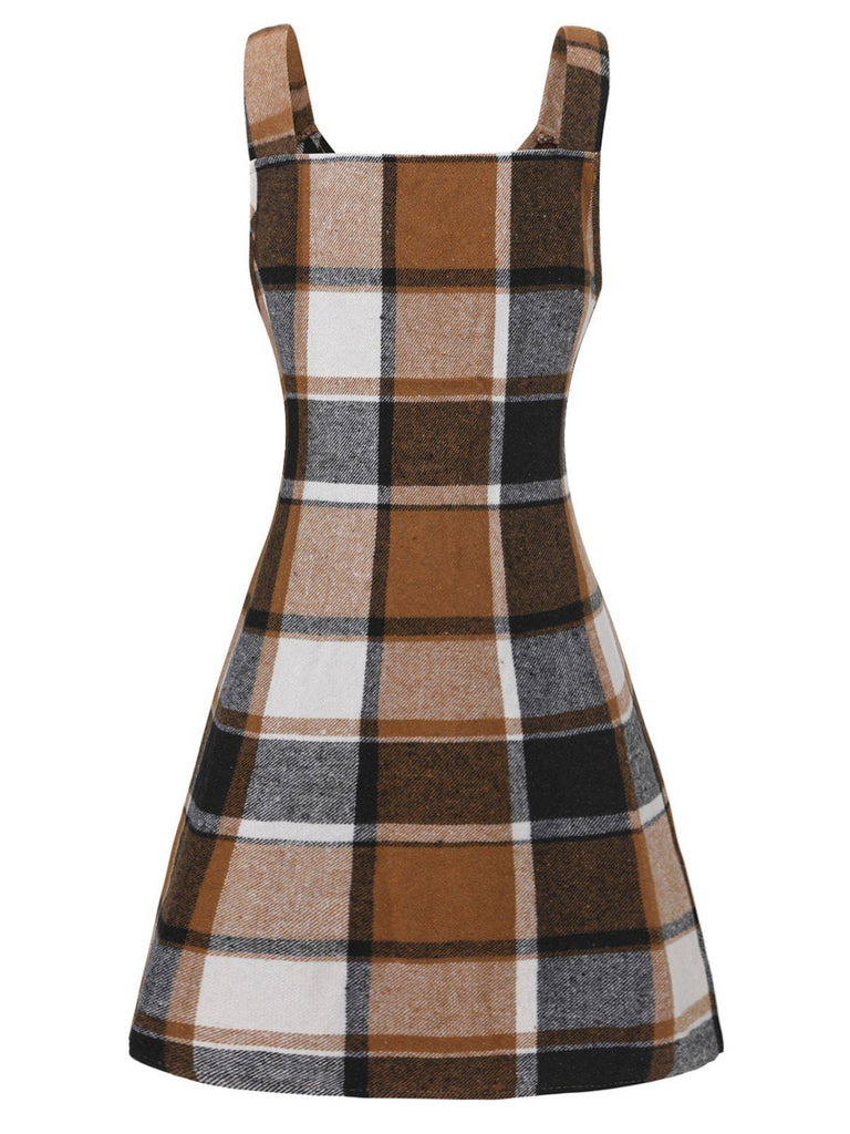 Brown 1970s Plaid V-Neck Pocket Overall Dress - vintage dress, retro fashion