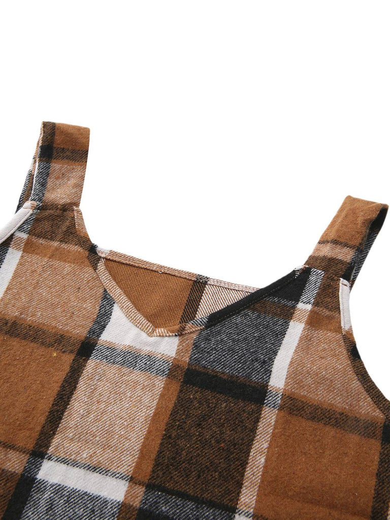 Brown 1970s Plaid V-Neck Pocket Overall Dress - vintage dress, retro fashion
