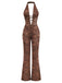 Brown 1970s Solid Lace-Up Floral Lace Jumpsuit - vintage jumpsuit, retro fashion