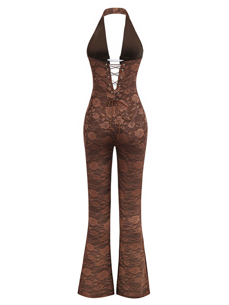 Brown 1970s Solid Lace-Up Floral Lace Jumpsuit - vintage jumpsuit, retro fashion