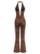 Brown 1970s Solid Lace-Up Floral Lace Jumpsuit - vintage jumpsuit, retro fashion