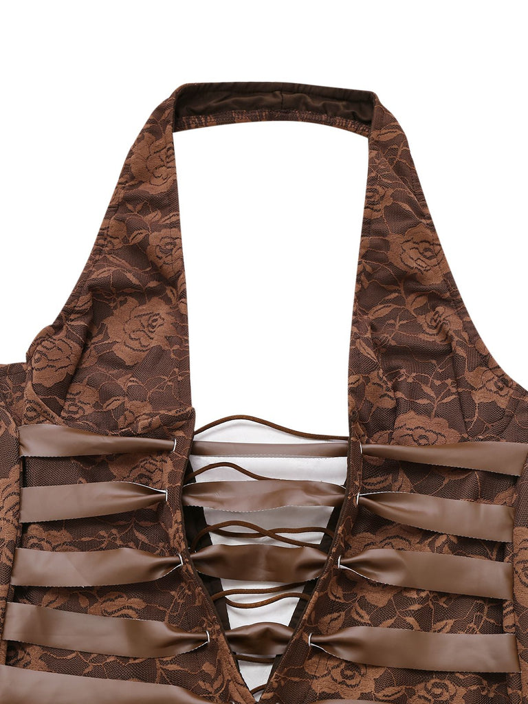 Brown 1970s Solid Lace-Up Floral Lace Jumpsuit - vintage jumpsuit, retro fashion