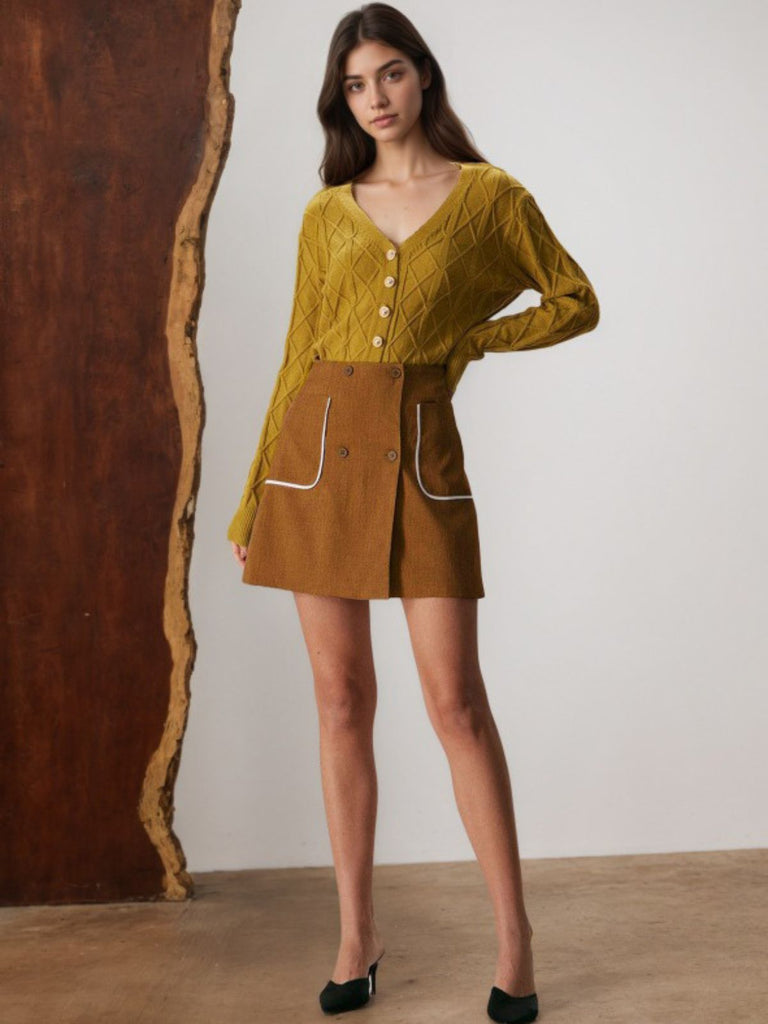 Brown 1980s Button Pocket High Waist A-Line Skirt | Retro Stage
