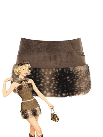 Brown 1980s Deer Faux Fur-Trimmed Skirt - vintage skirt, retro style