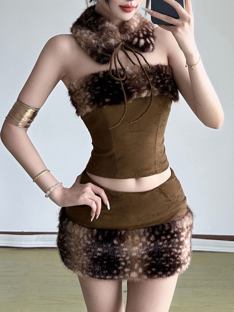 Brown 1980s Deer Faux Fur-Trimmed Skirt - vintage skirt, retro style