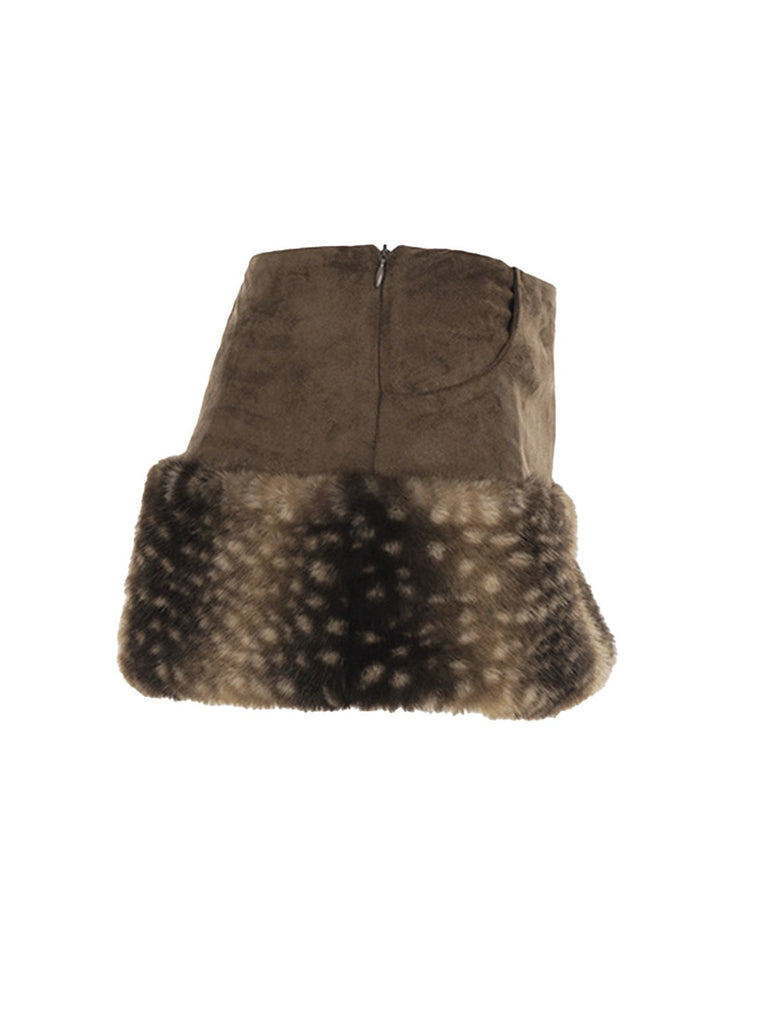 Brown 1980s Deer Faux Fur-Trimmed Skirt - vintage skirt, retro style