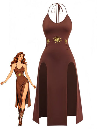 Brown 1980s Halter Sun Print Double Slit Dress, vintage dress, retro fashion - vintage inspired fashion
