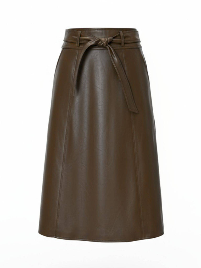 Brown 1980s Leather High-Waist Midi Skirt - vintage skirt, retro style