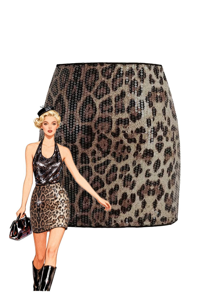 Brown 1980s Leopard Print Sequin Mini Skirt - vintage skirt, retro style