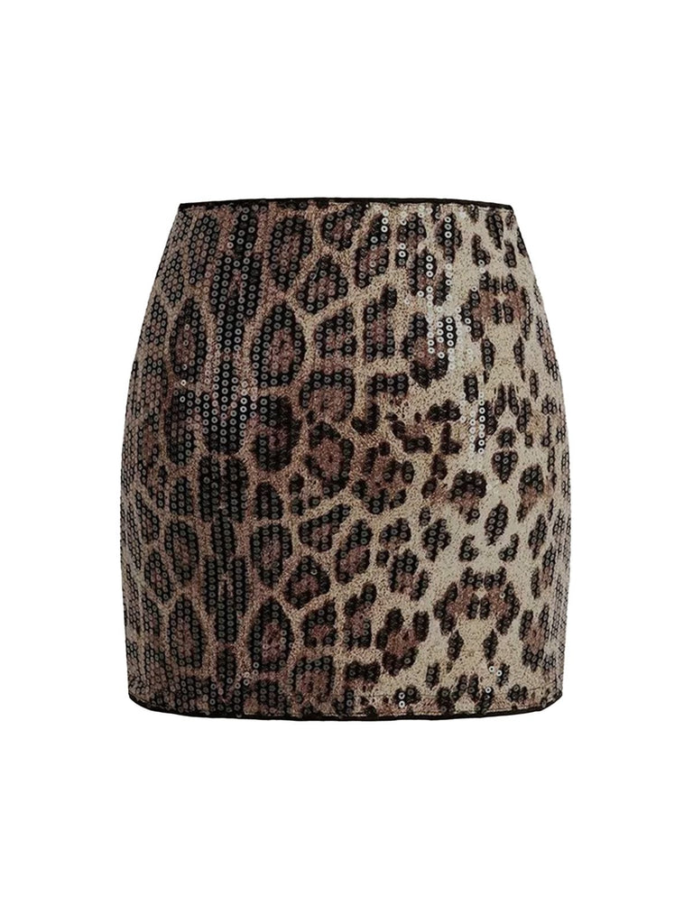 Brown 1980s Leopard Print Sequin Mini Skirt - vintage skirt, retro style