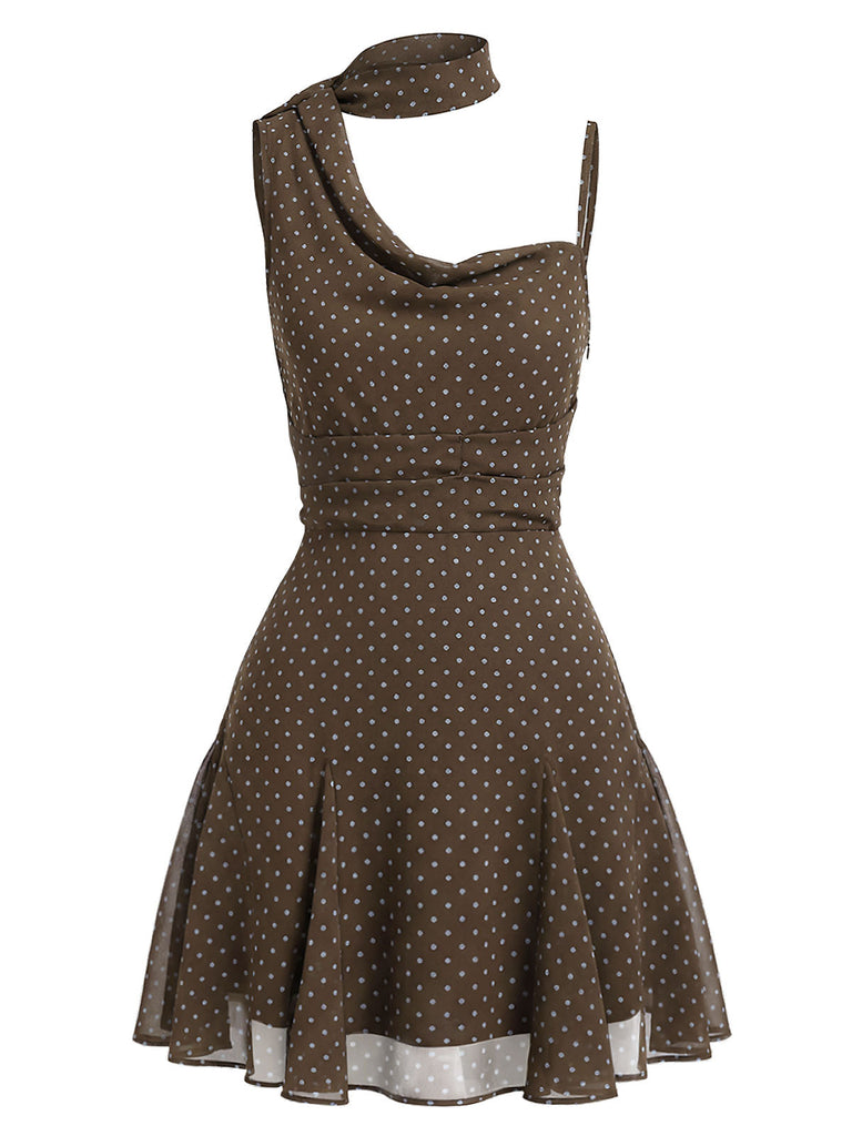 blue dress for baby girl Pre-Sale] Brown 2000s Polka Dot Asymmetric Tie-Neck Chiffon Dress
