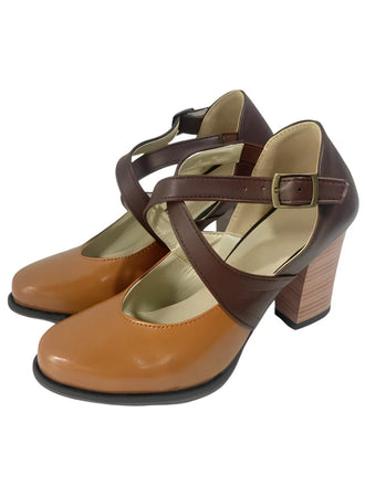 She finds her vintage story in this Brown Cross Strap Color Block Chunky Heels