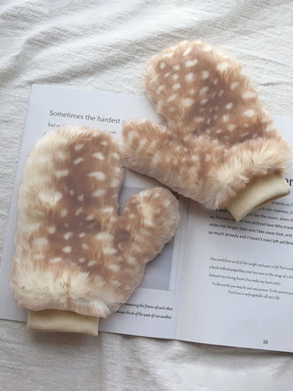 Brown Fawn Print Fur Mittens - vintage fashion, retro style
