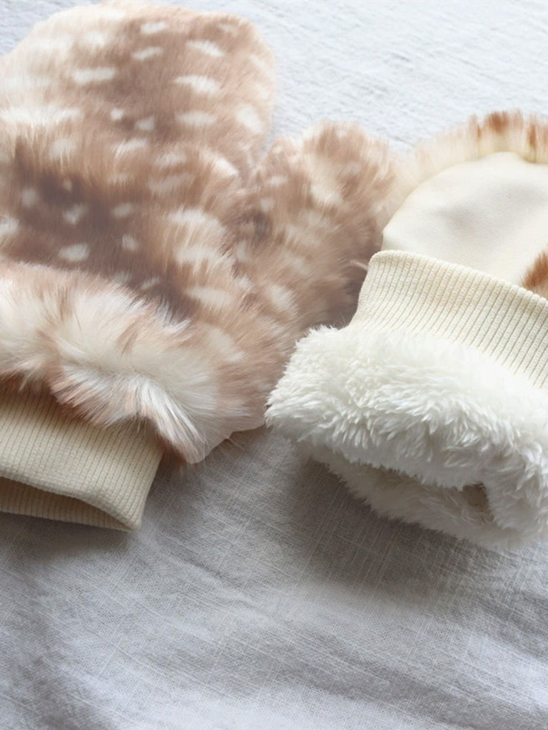 Brown Fawn Print Fur Mittens - vintage fashion, retro style
