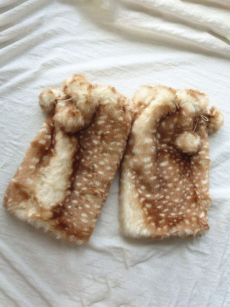 Brown Fawn Print Fuzzy Faux Fur Leg Warmers - vintage fashion, retro style
