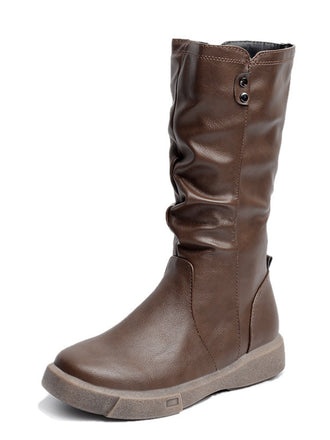She finds her vintage story in this Brown Leather Stacked Pleated Flat Boots