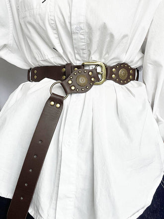 Brown PU Leather Wide Belt With Metal Ring - vintage fashion, retro style