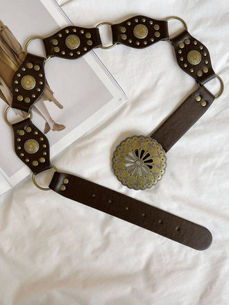 Brown Solid Ethnic Prints Pu Leather Belt - vintage fashion, retro style