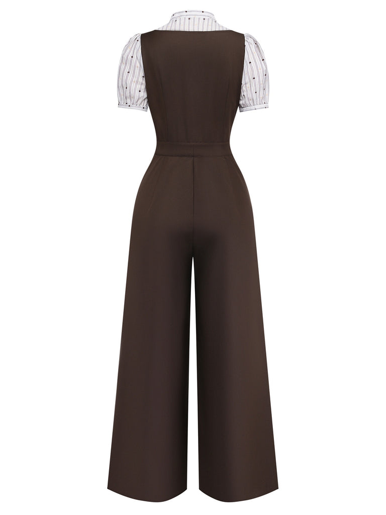 Brown jumpsuit worn over a white and black striped shirt on a white background