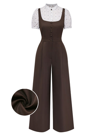 Brown jumpsuit with a close-up of fabric texture on a white background