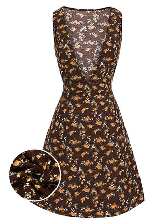 Brown 1960s Corduroy Floral Deep V Suspender Dress detail view
