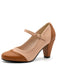 Beige and brown high-heeled shoe with a strap on a white background