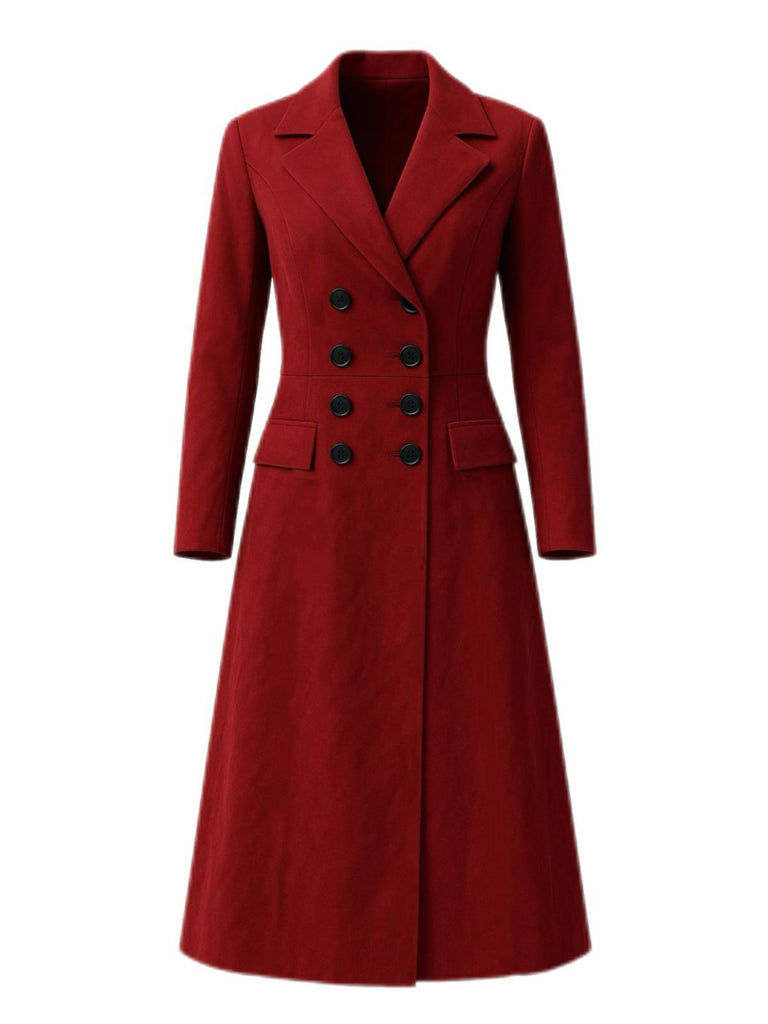 Burgundy 1930s Double Breasted Long Trench Coat - vintage fashion, retro style